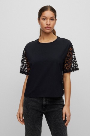 Tops Hugo Boss Algodon-blend With Logo-lace Details Mujer Negros | 60254-VJDU