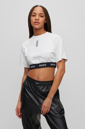 Tops Hugo Boss Algodon-jersey Cropped With Logo Waistband Mujer Blancos | 81693-SKCB