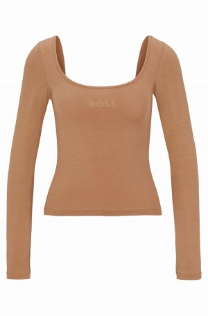 Tops Hugo Boss Long-sleeved With Printed Logo Mujer Beige | 95807-GCZA