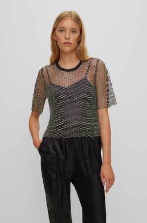 Tops Hugo Boss Regular-fit In Sparkling Mesh With Crystal Details Mujer Negros | 30526-SMUY