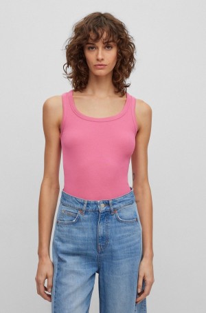 Tops Hugo Boss Scoop-neck With Logo Embroidery Mujer Rosas | 13820-EUIH