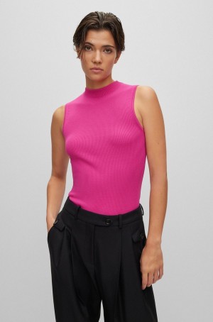 Tops Hugo Boss Sin Manga Mock-neck With Acanalado Structure Mujer Rosas | 17352-MVSD
