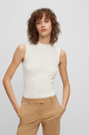 Tops Hugo Boss Sin Manga Mock-neck With Acanalado Structure Mujer Blancos | 01596-UXYP