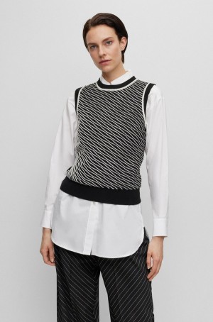 Tops Hugo Boss Sin Manga With Contrast De Punto Pattern Mujer Negros Blancos | 90278-BTMH