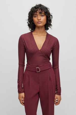 Tops Hugo Boss Slim-fit In Acanalado With Glitter Print Mujer Rojos Claro | 64239-JETM