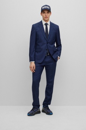Trajes Hugo Boss Regular-fit In A Rayas Virgin Lana Hombre Azules Oscuro | 91850-KGCI