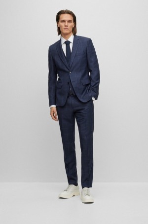 Trajes Hugo Boss Three-piece Slim-fit In Checked Virgin Lana Hombre Azules Oscuro | 97826-NSZP