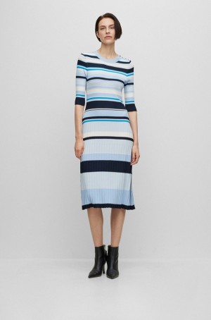 Vestido Hugo Boss Acanalado-knit With Button Trim Mujer Negros Blancos Azules | 37289-ZGDY