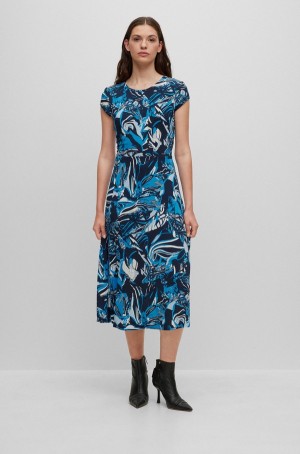 Vestido Hugo Boss Cap-sleeve In Printed Stretch Crepe Mujer Azules | 19036-LAUN