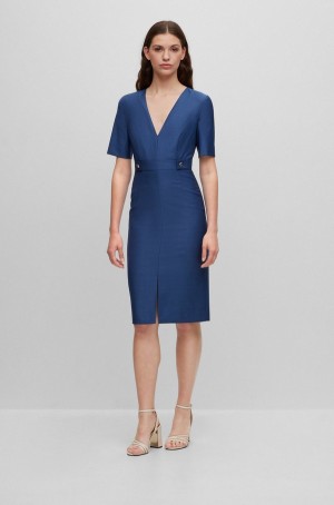 Vestido Hugo Boss Corta-sleeved In Micro-patterned Virgin Lana Mujer Azules | 95243-PFAU