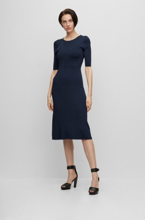 Vestido Hugo Boss Cropped-sleeve With De Punto Structure Mujer Azules Oscuro | 42396-OKCB
