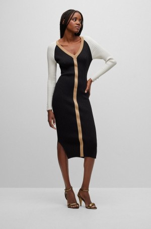 Vestido Hugo Boss Long-sleeved De Punto With Metallised Fibres Mujer Negros Blancos Beige | 86132-MZWS