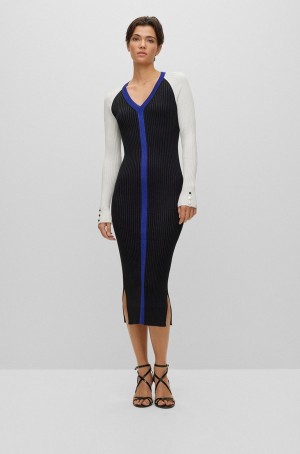 Vestido Hugo Boss Long-sleeved De Punto With Metallised Fibres Mujer Blancos Negros | 56749-EHBF
