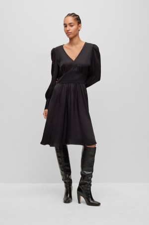 Vestido Hugo Boss Long-sleeved In Hammered Satin With V Neckline Mujer Negros | 30965-VXDC