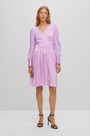 Vestido Hugo Boss Long-sleeved In Hammered Satin With V Neckline Mujer Rosas Claro | 32607-NTMV