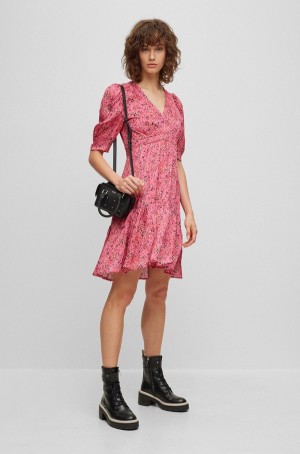 Vestido Hugo Boss Puff-sleeve Regular-fit With Floral Print Mujer Rosas | 76042-BWYL