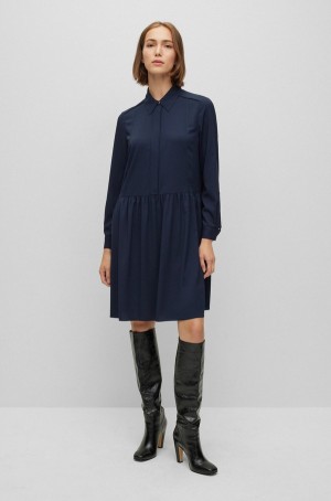 Vestido Hugo Boss Relaxed-fit In Crinkle Crepe Mujer Azules Oscuro | 10645-HIPA