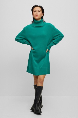 Vestido Hugo Boss Rollneck In Algodon And Virgin Lana Mujer Verdes | 01732-TRLP