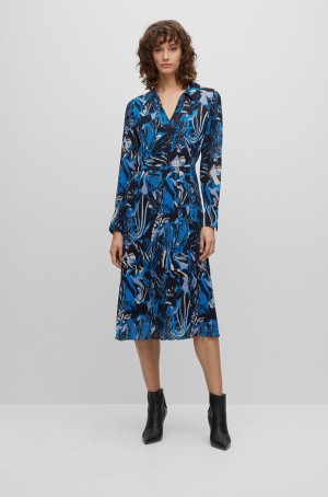 Vestido Hugo Boss Seasonal-print With And V Neckline Mujer Azules | 42859-IGMB