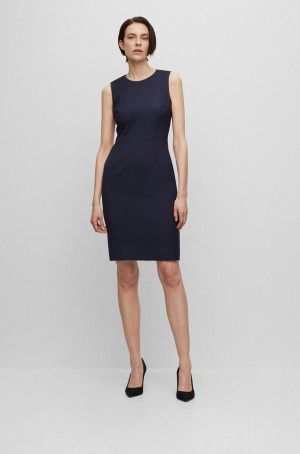 Vestido Hugo Boss Sin Manga Shift In Responsible Lana With Natural Stretch Mujer Azules Oscuro | 01568-FEXT