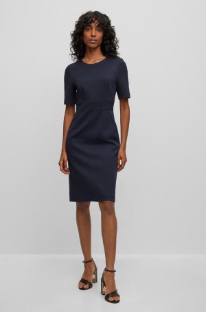 Vestido Hugo Boss Slim-fit Corta-sleeved In Stretch Twill Mujer Azules Oscuro | 90428-OKGW